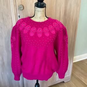 EUC Eddie Dassin angora wool sweater vintage embellished beaded hot pink